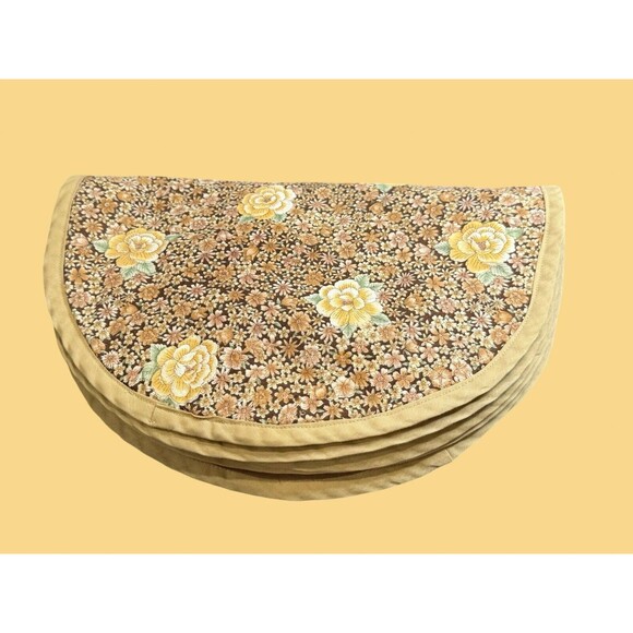 Set of 4 Vintage Handmade Placemats MCM 1960s Brown & Yellow Floral Roses - Picture 2 of 11